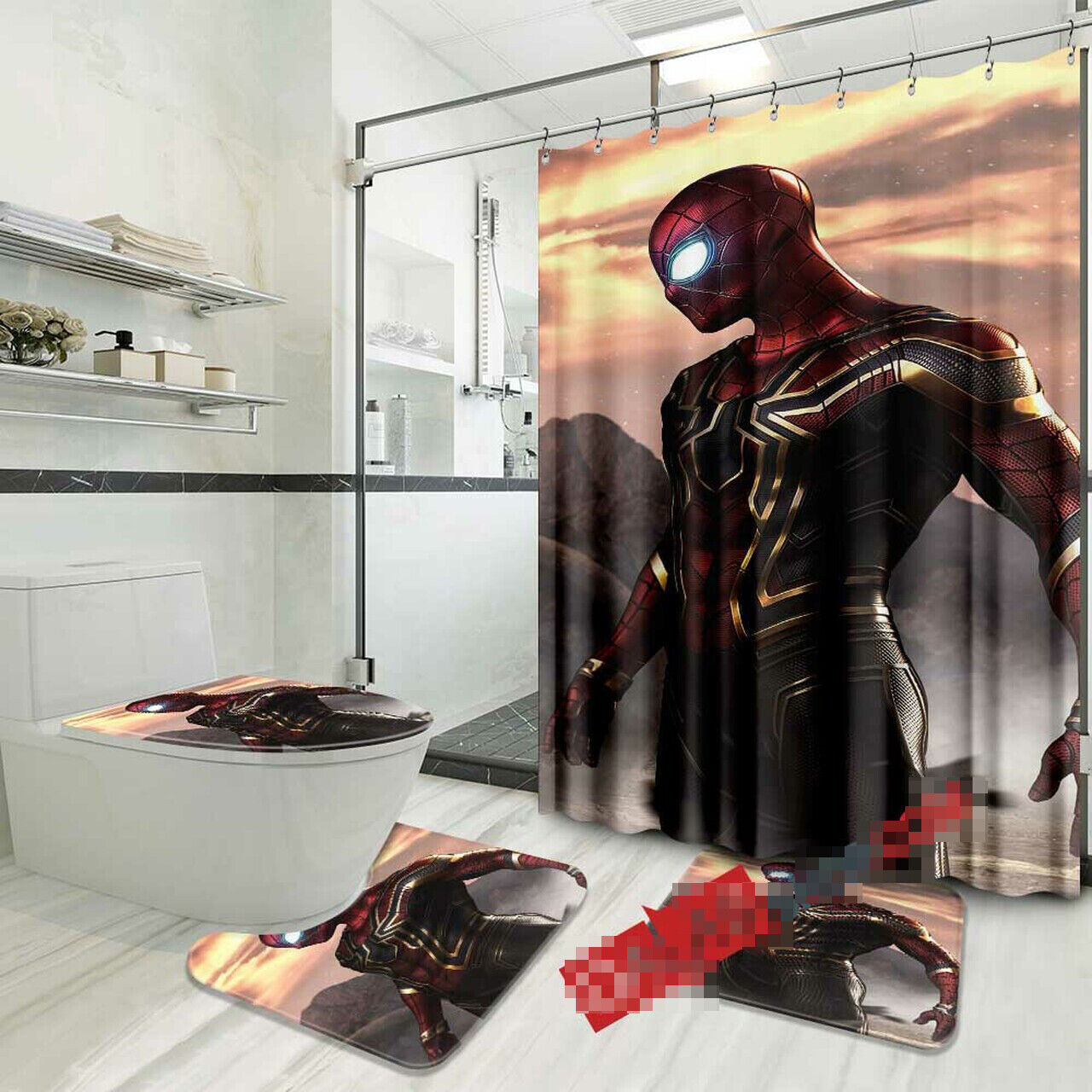 Spider-man Shower Curtain with Matching Mat and Bath Fans' Gifts for Marvel Fans