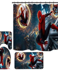 Spiderman Toilet Lid Mat with Bathroom Shower Curtain and Foot Mat Set, Waterproof Fabric Bathroom Decor