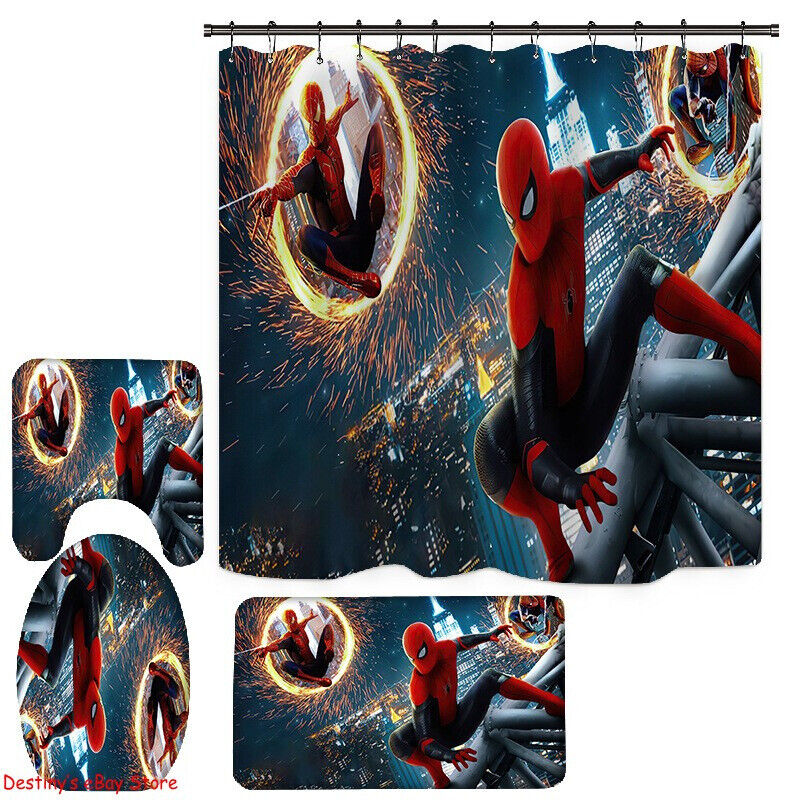 Spiderman Toilet Lid Mat with Bathroom Shower Curtain and Foot Mat Set, Waterproof Fabric Bathroom Decor