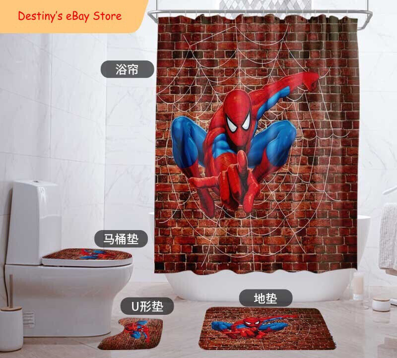 Spiderman Wall Art Bathroom Shower Curtain and Foot Mat Set