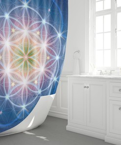 Spiritual Blue Sacred Geometry Shower Curtain, Yoga And Flower Of Life Design, Bathroom Decor