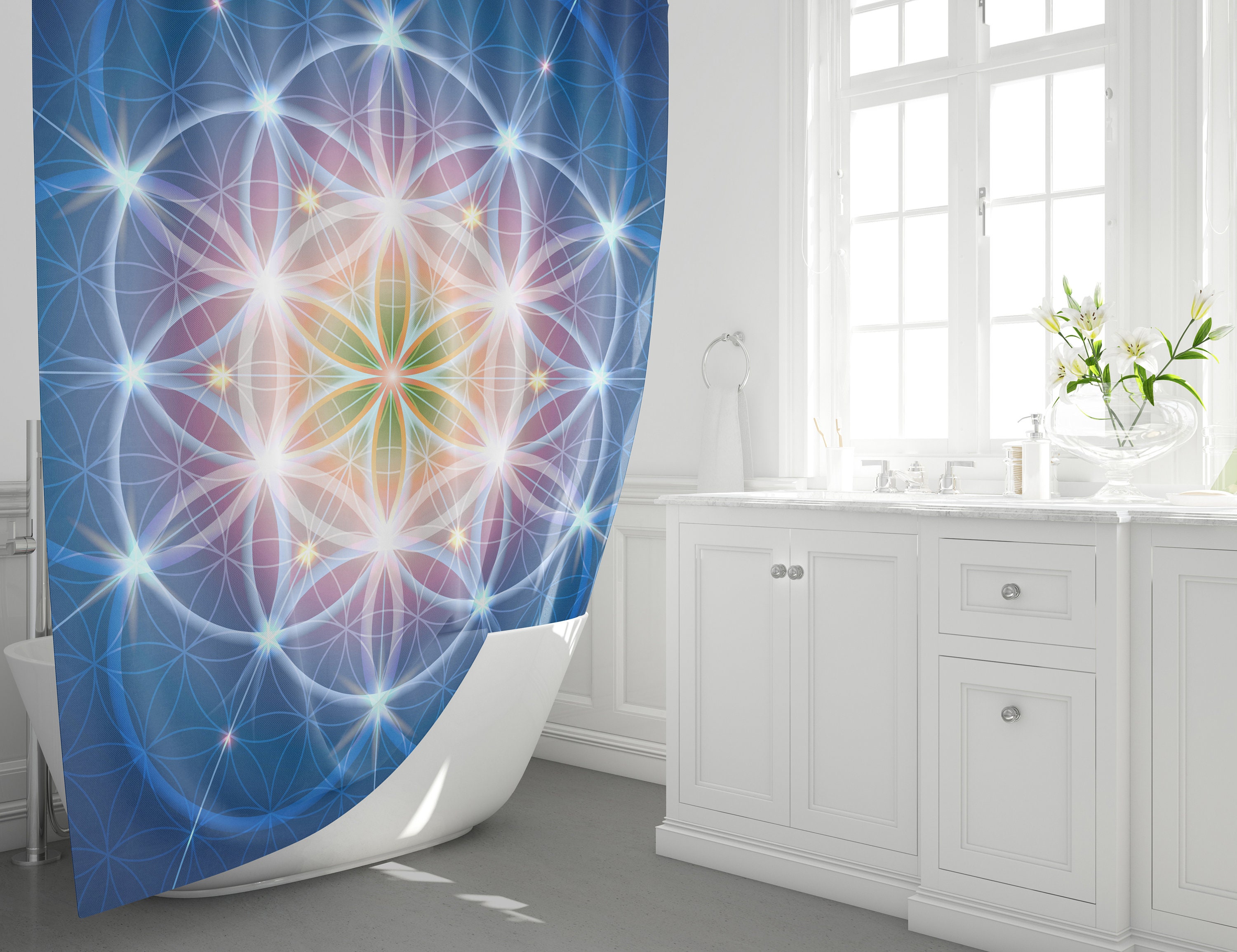 Spiritual Blue Sacred Geometry Shower Curtain, Yoga And Flower Of Life Design, Bathroom Decor