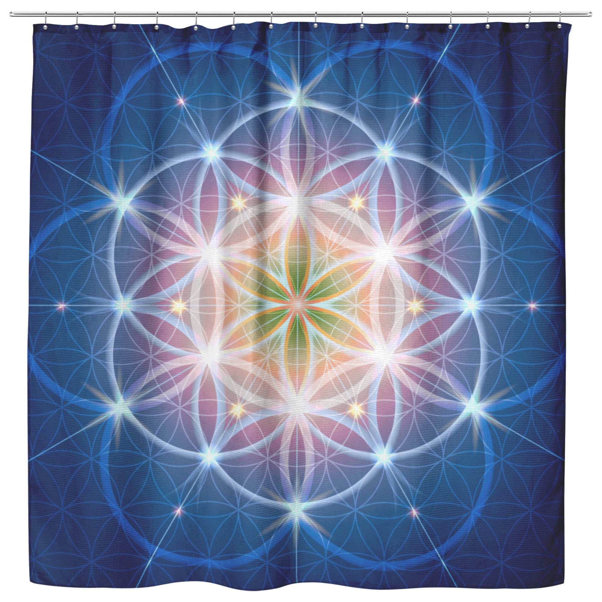 Spiritual Blue Sacred Geometry Shower Curtain, Yoga And Flower Of Life Design, Bathroom Decor - Image 2