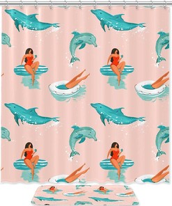 Splashing Dolphins Shower Curtain Waterproof Fabric for Bathroom Decor