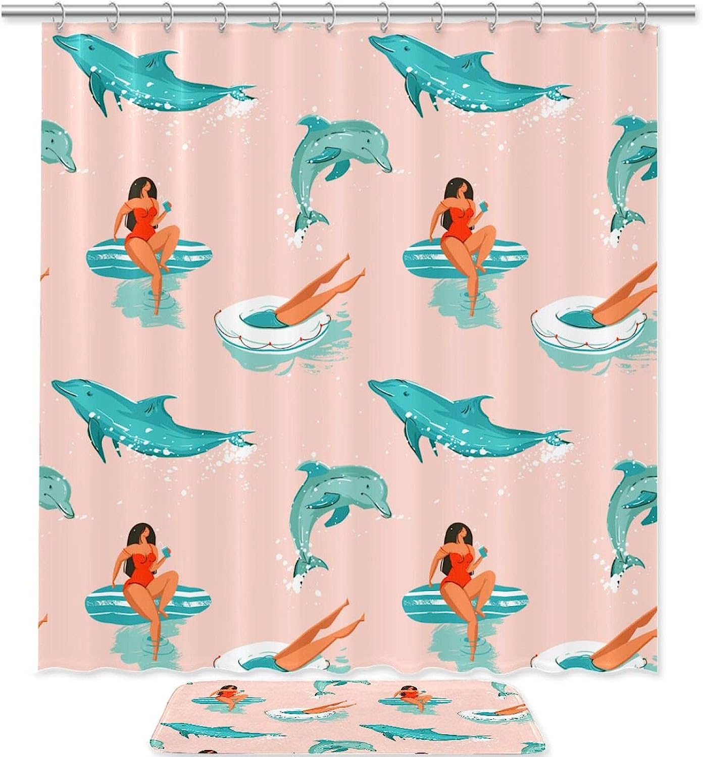 Splashing Dolphins Shower Curtain Waterproof Fabric for Bathroom Decor