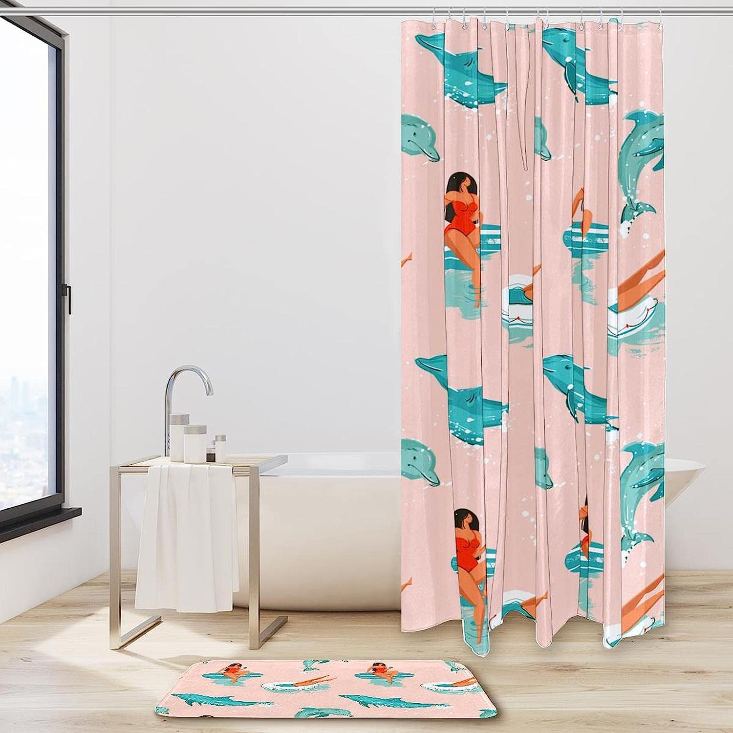 Splashing Dolphins Shower Curtain Waterproof Fabric for Bathroom Decor