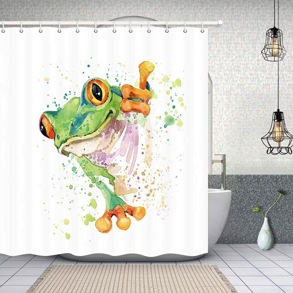 Splashing Frog Fabric Shower Curtain for Kids Bathroom with Vintage Design