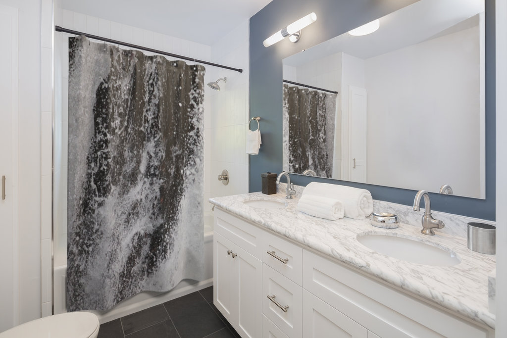 Splashing Waterfall Shower Curtain with Gray and Black Design for Modern Bathroom Decor