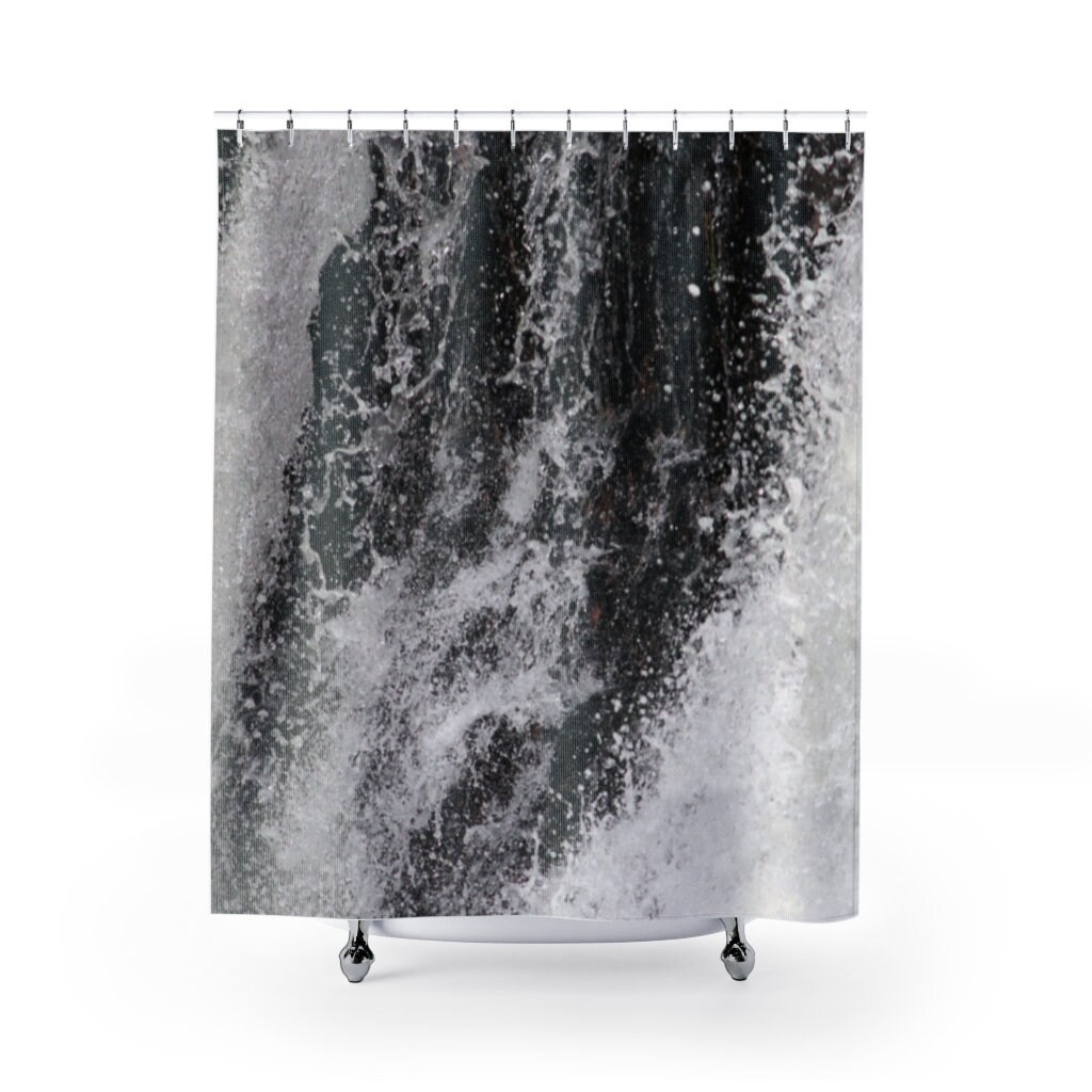 Splashing Waterfall Shower Curtain with Gray and Black Design for Modern Bathroom Decor