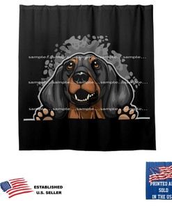 Splashy Wiener Dog Shower Curtain With Black Background