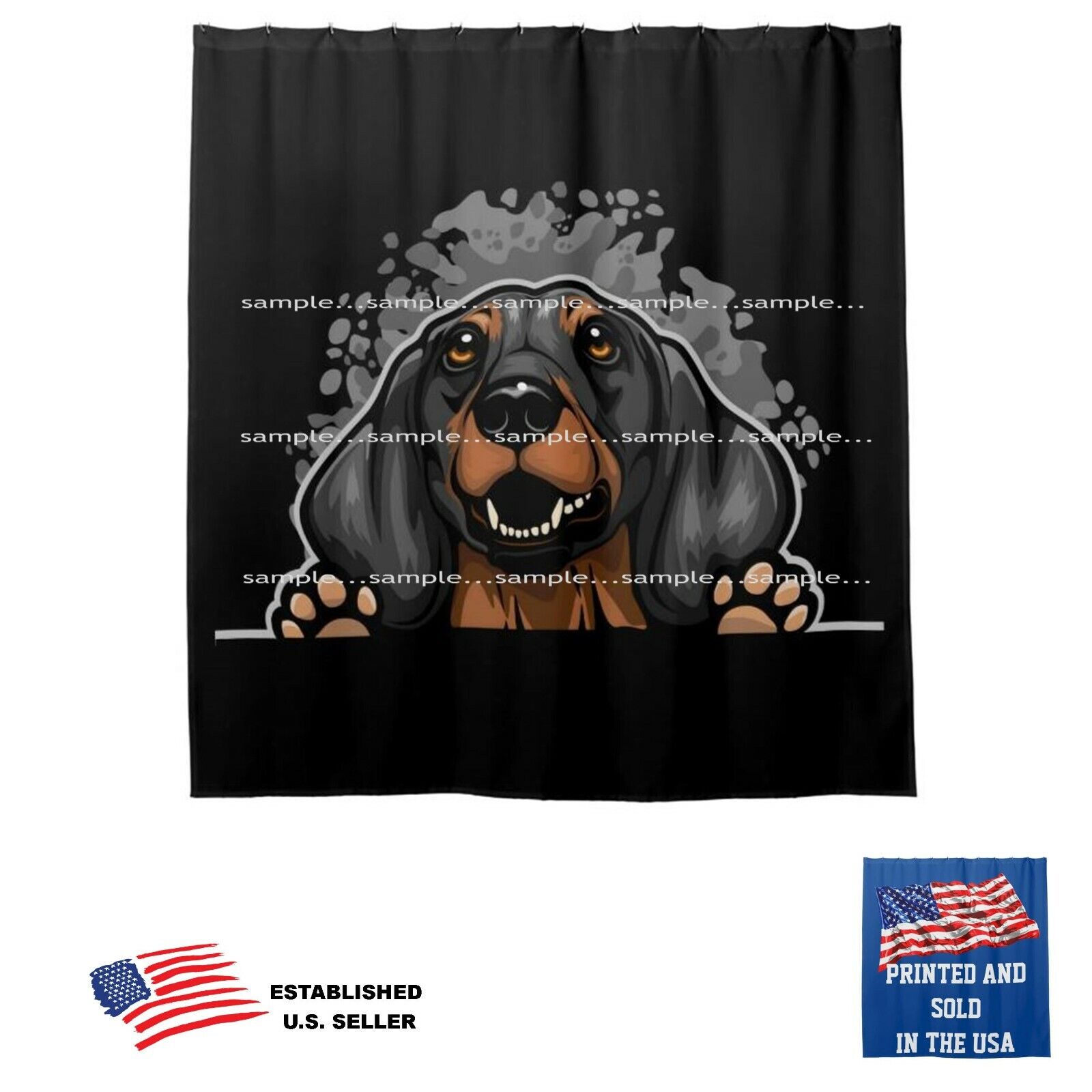 Splashy Wiener Dog Shower Curtain With Black Background