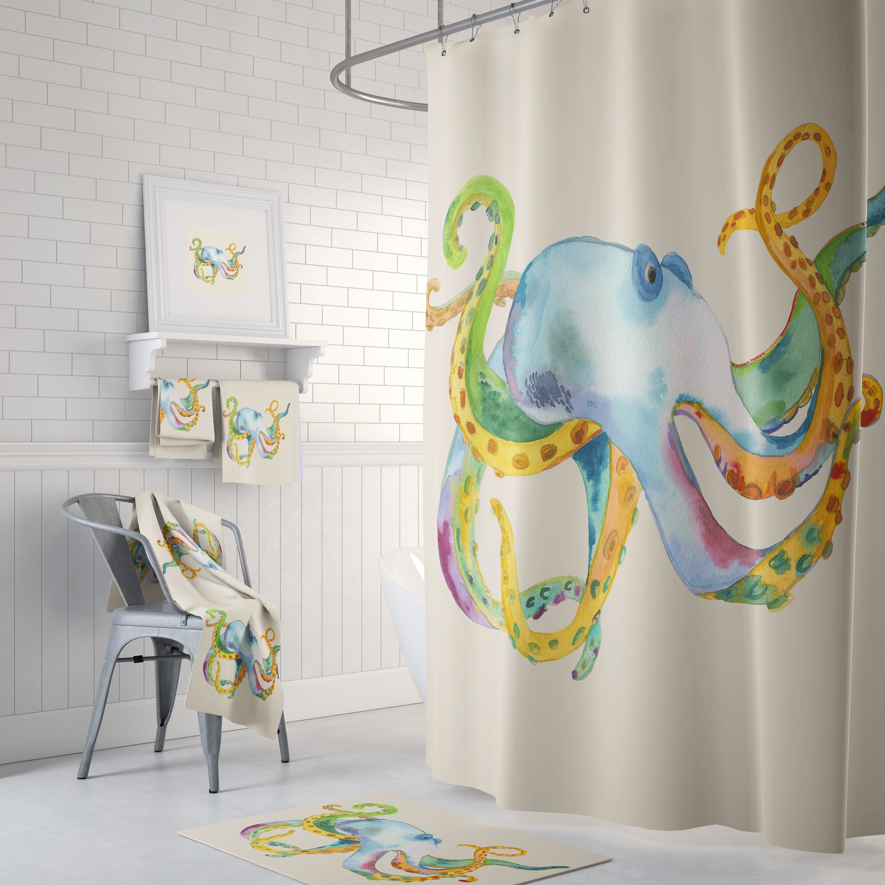 Splendid Watercolor Octopus Shower Curtain: Rainbow Colors.