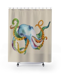 Splendid Watercolor Octopus Shower Curtain: Rainbow Colors.