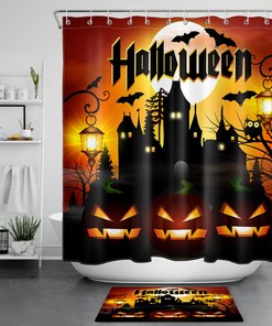 Spooky Castle With Moon And Pumpkins On Halloween Night Shower Curtain
