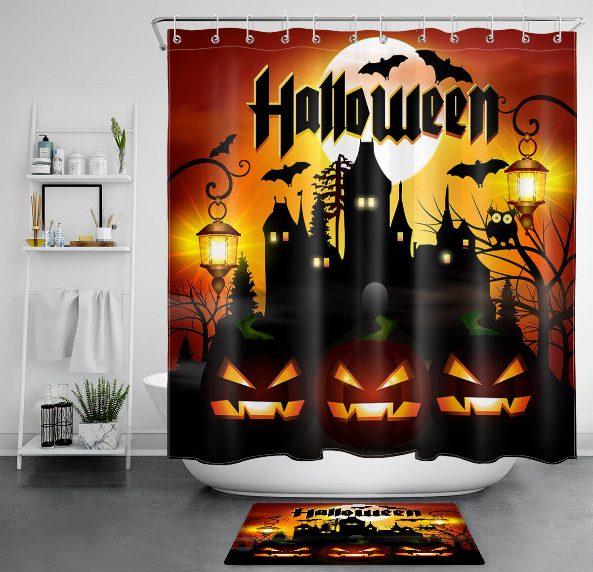 Spooky Castle With Moon And Pumpkins On Halloween Night Shower Curtain