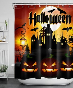 Spooky Castle With Moon And Pumpkins On Halloween Night Shower Curtain