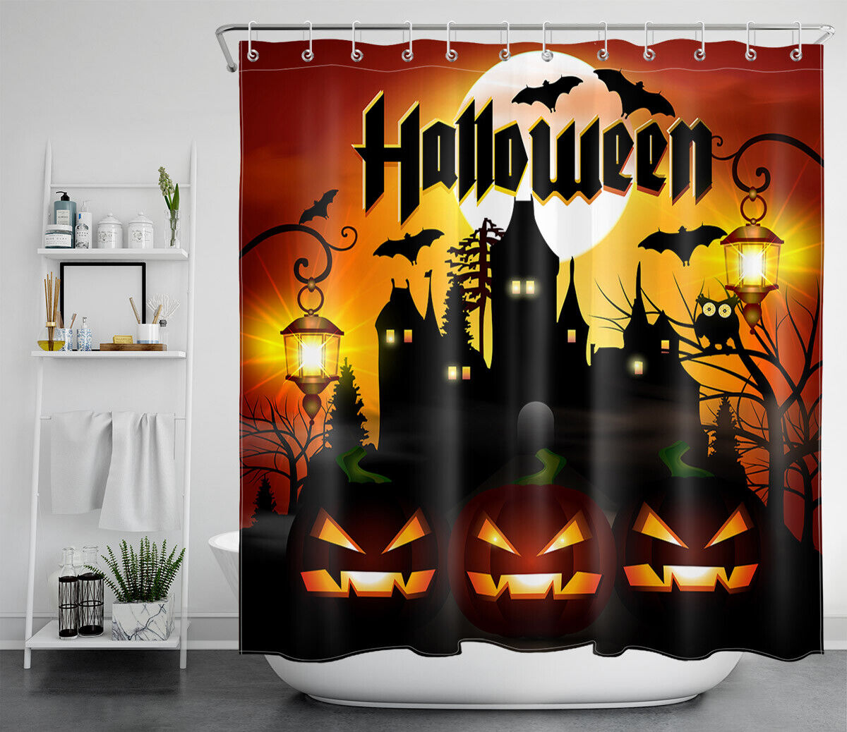 Spooky Castle With Moon And Pumpkins On Halloween Night Shower Curtain