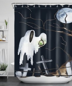 Spooky Ghosts Haunt Halloween Night Moon Graves Print Shower Curtain