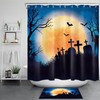 Spooky Halloween Night Cemetery Orange Moon Bats Print Shower Curtain