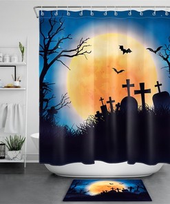 Spooky Halloween Night Cemetery Orange Moon Bats Print Shower Curtain