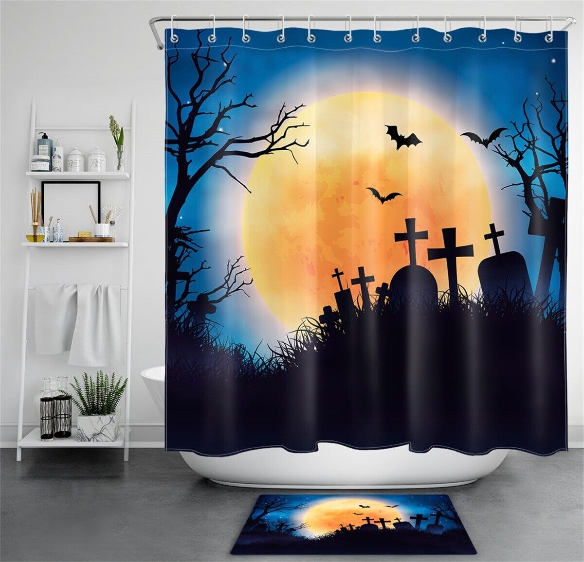 Spooky Halloween Night Cemetery Orange Moon Bats Print Shower Curtain