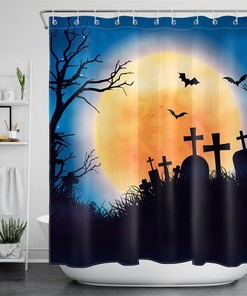 Spooky Halloween Night Cemetery Orange Moon Bats Print Shower Curtain