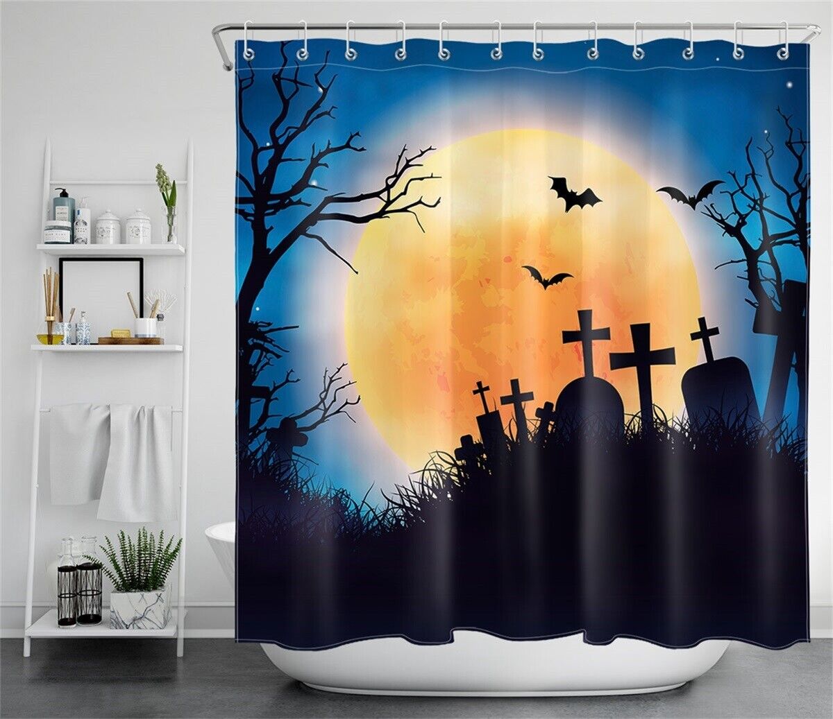 Spooky Halloween Night Cemetery Orange Moon Bats Print Shower Curtain