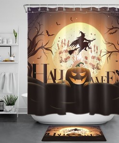Spooky Halloween Shower Curtain, Horror Bathroom Decorr With Scary Witch And Bloody Moon Design