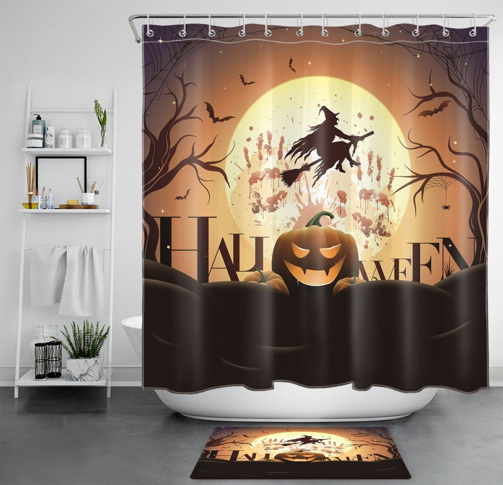 Spooky Halloween Shower Curtain, Horror Bathroom Decorr With Scary Witch And Bloody Moon Design
