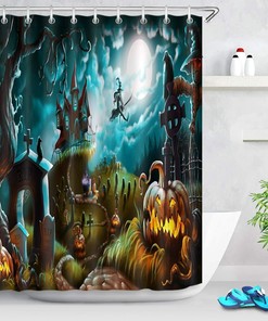 Spooky Night At Graveyard With Halloween Pumpkins Shower Curtain