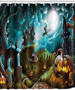 Spooky Night At Graveyard With Halloween Pumpkins Shower Curtain