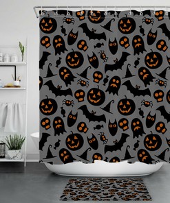 Spooky Pumpkin Bat Ghost Spider Shower Curtain, Halloween Bathroom Accessory
