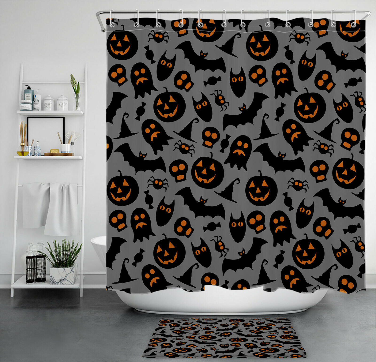 Spooky Pumpkin Bat Ghost Spider Shower Curtain, Halloween Bathroom Accessory