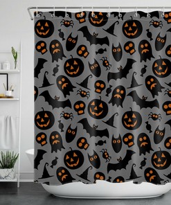 Spooky Pumpkin Bat Ghost Spider Shower Curtain, Halloween Bathroom Accessory