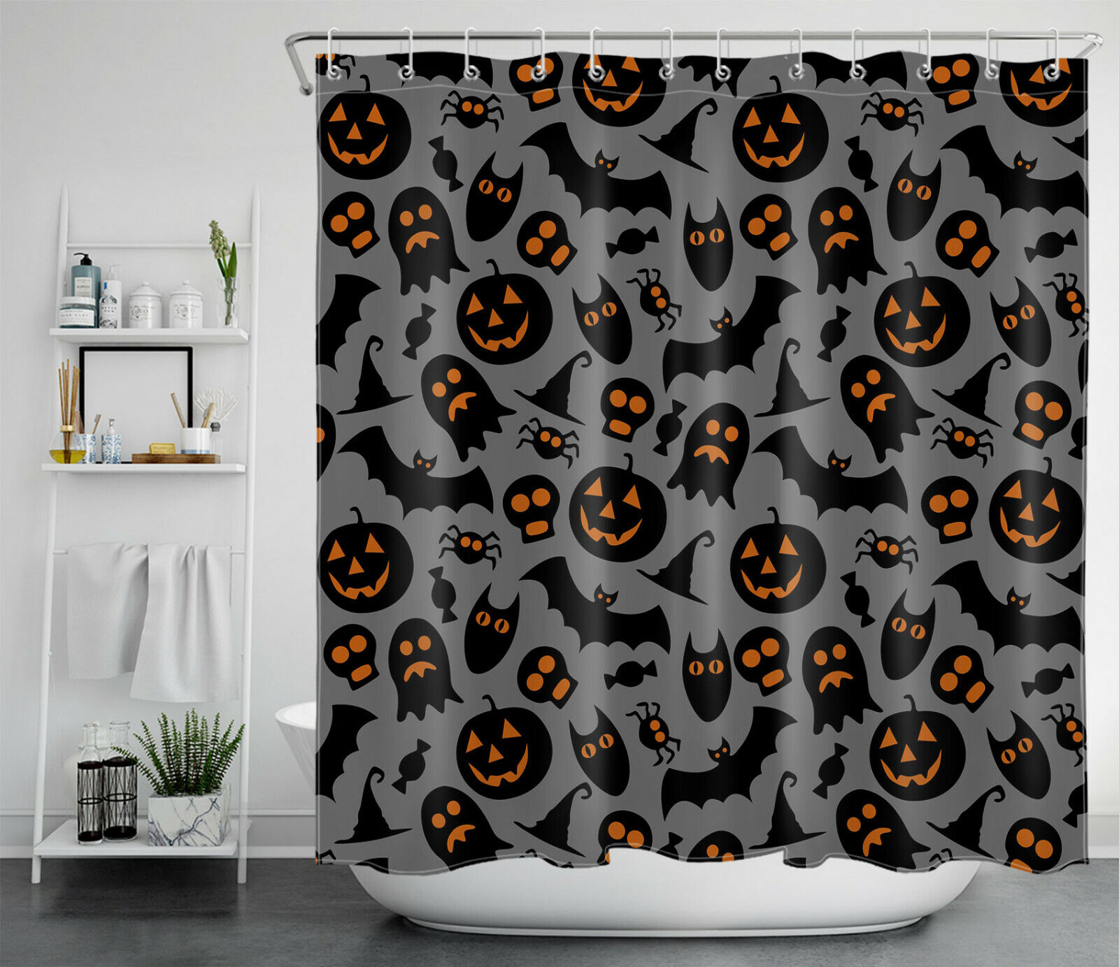 Spooky Pumpkin Bat Ghost Spider Shower Curtain, Halloween Bathroom Accessory