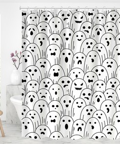 Spooky Shower Curtain For Halloween Decoration With Skull And Skeleton Print 