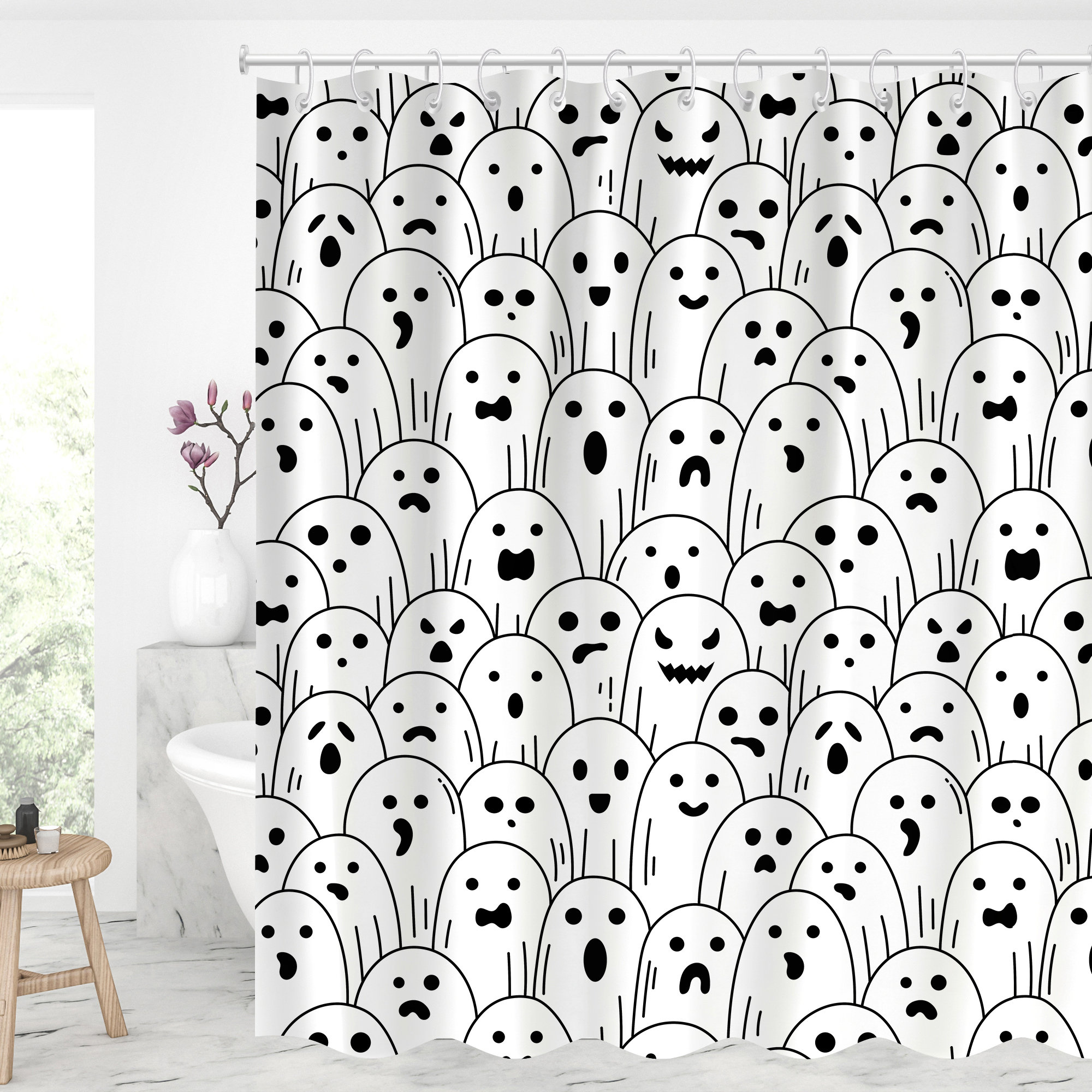 Spooky Shower Curtain For Halloween Decoration With Skull And Skeleton Print