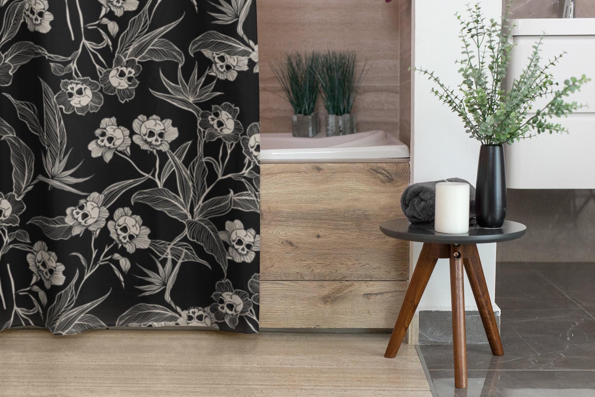 Spooky Skull Flower Bathtub Curtain With Goth Floral Print For Bathroom