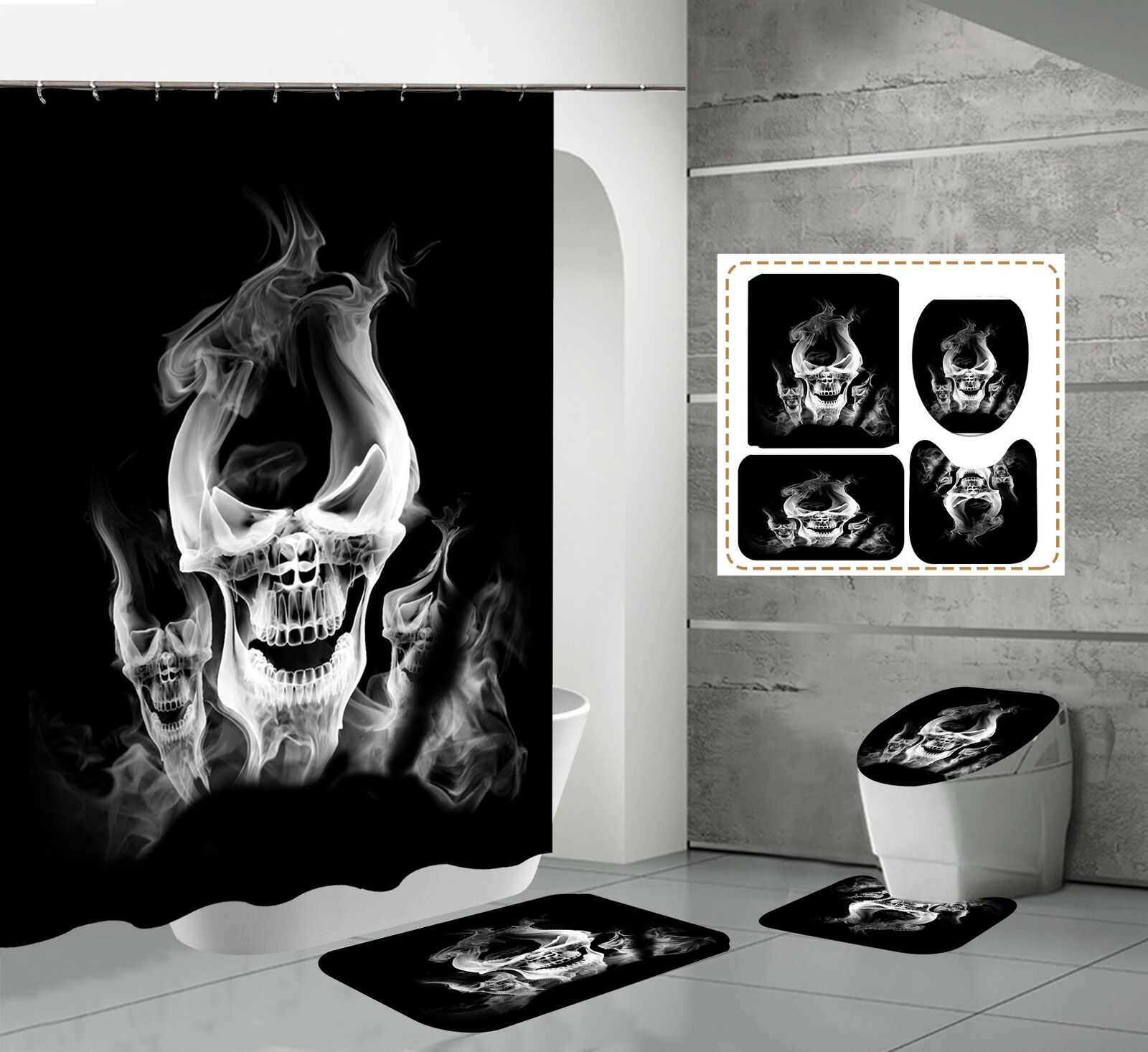 Spooky Smoke Skull Skeleton Print Bathroom Shower Curtain