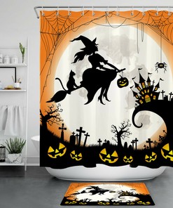 Spooky Spiderweb Witch Moon Shower Curtain with Pumpkin and Cemetery Castle Accents