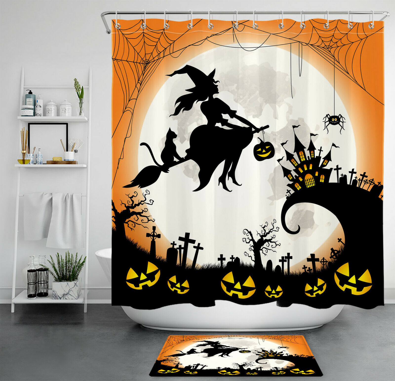 Spooky Spiderweb Witch Moon Shower Curtain with Pumpkin and Cemetery Castle Accents