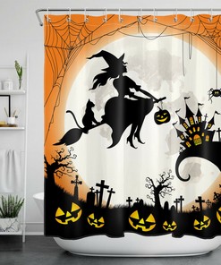 Spooky Spiderweb Witch Moon Shower Curtain with Pumpkin and Cemetery Castle Accents
