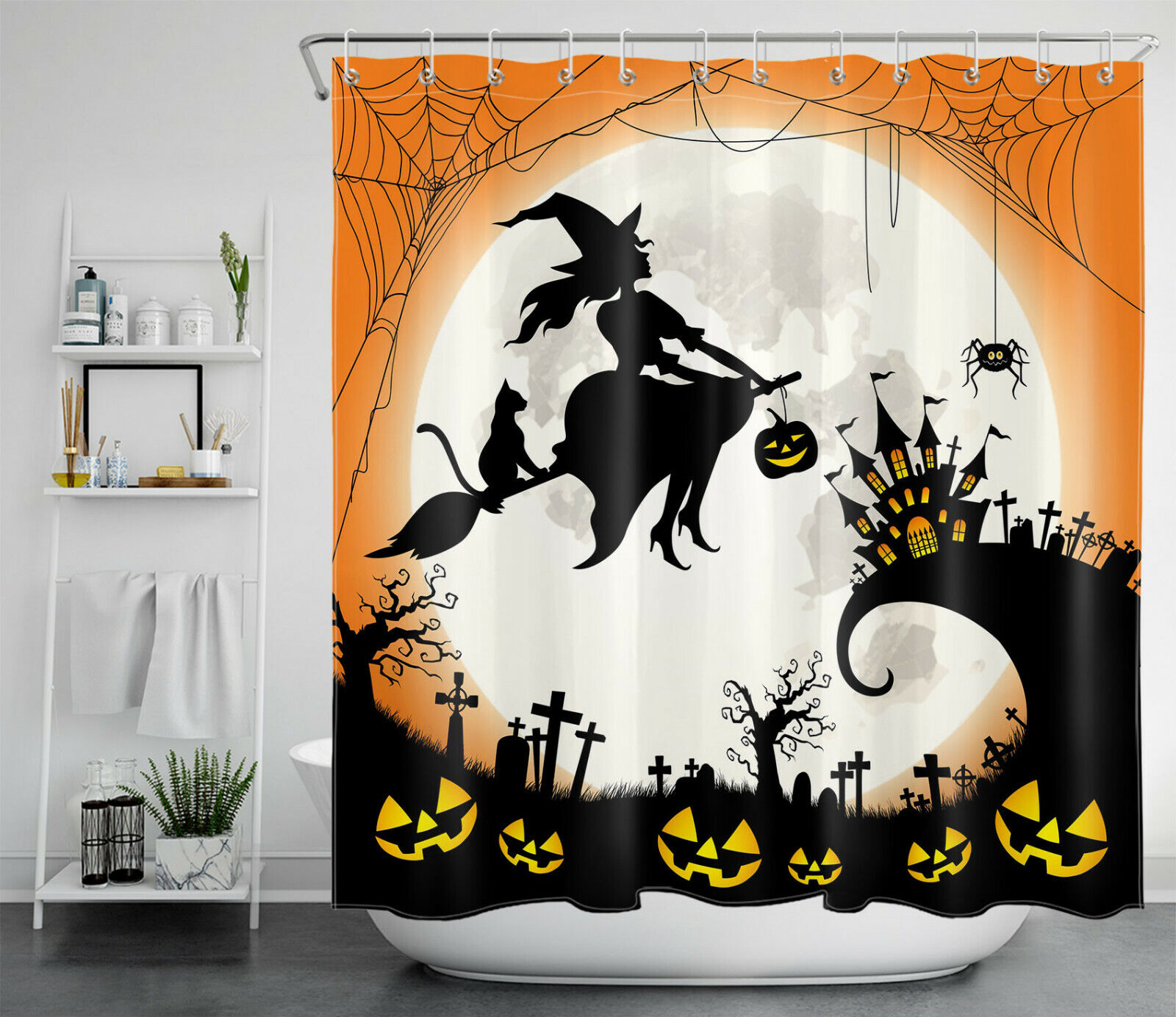 Spooky Spiderweb Witch Moon Shower Curtain with Pumpkin and Cemetery Castle Accents