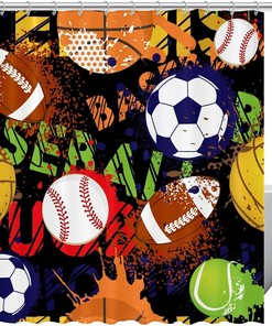 Sport Balls Shower Curtain with Baseball, Basketball, Soccer, and Football Pattern, Waterproof and Washable for Bathroom
