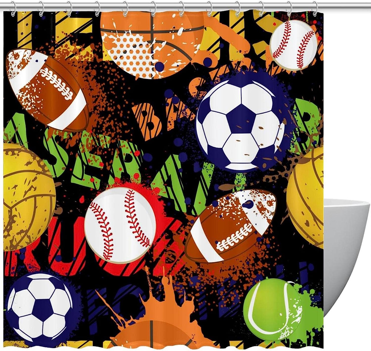 Sport Balls Shower Curtain with Baseball, Basketball, Soccer, and Football Pattern, Waterproof and Washable for Bathroom