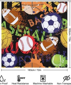 Sport Balls Shower Curtain with Baseball, Basketball, Soccer, and Football Pattern Waterproof and Washable for Bathroom