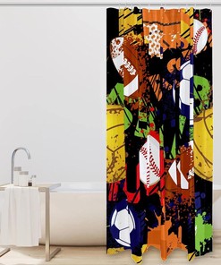 Sport Balls Shower Curtain with Baseball, Basketball, Soccer, and Football Pattern, Waterproof and Washable for Bathroom
