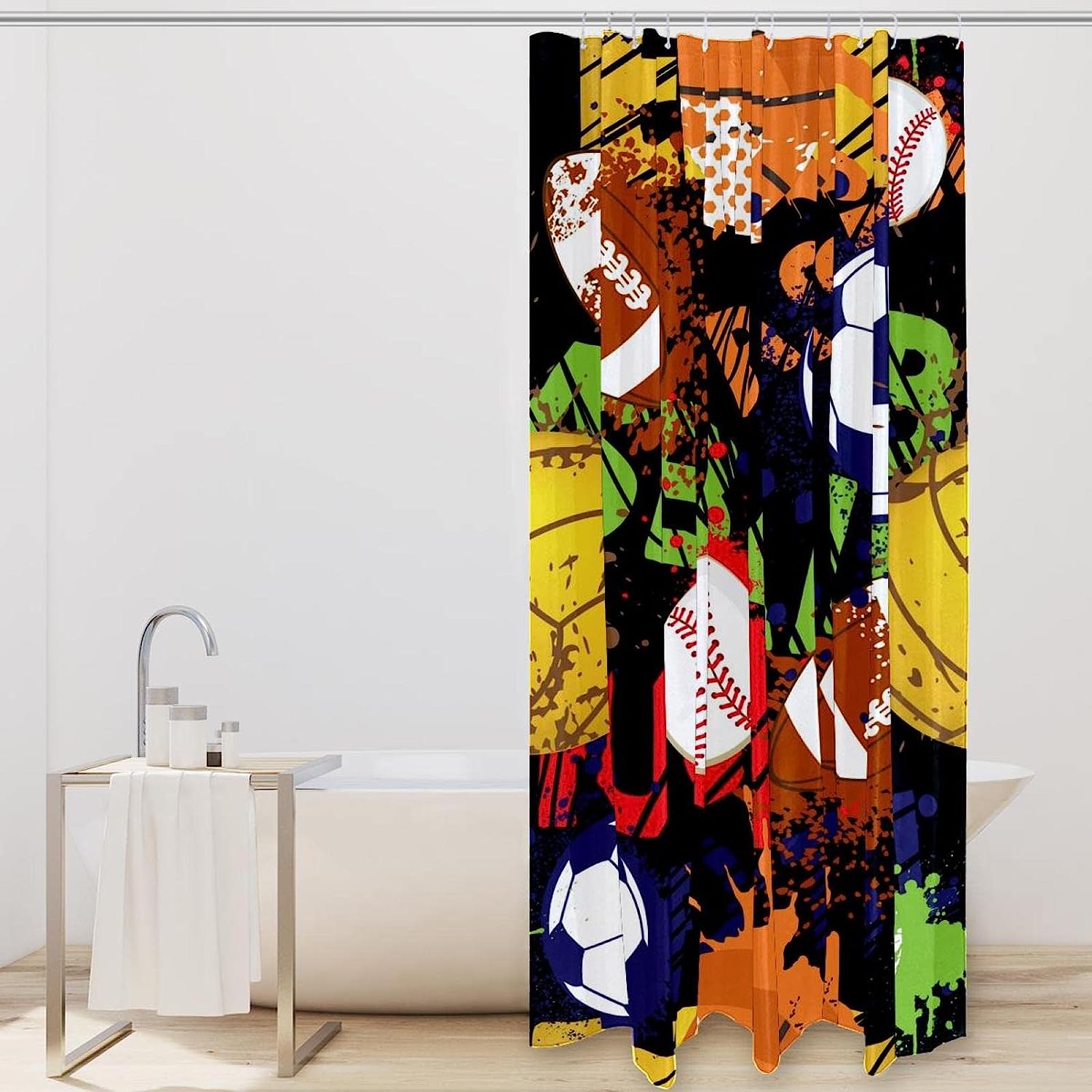 Sport Balls Shower Curtain with Baseball, Basketball, Soccer, and Football Pattern, Waterproof and Washable for Bathroom