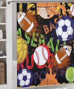 Sport Balls Shower Curtain with Baseball, Basketball, Soccer, and Football Pattern Waterproof and Washable for Bathroom 