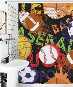 Sport Balls Shower Curtain with Baseball, Basketball, Soccer, and Football Pattern Waterproof and Washable for Bathroom 